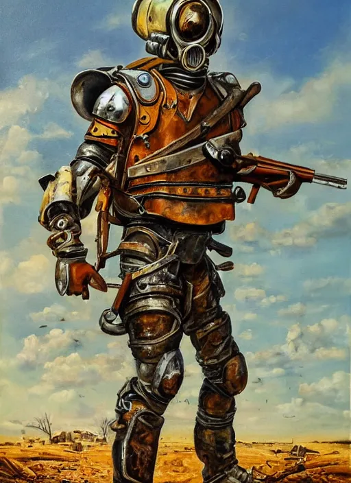 Prompt: a detailed painting of a man in post apocalyptic home made armour and a helmet holding a modified shotgun walking around a wasteland with a blue sky. hd. 1 9 5 0 s oil painting style.