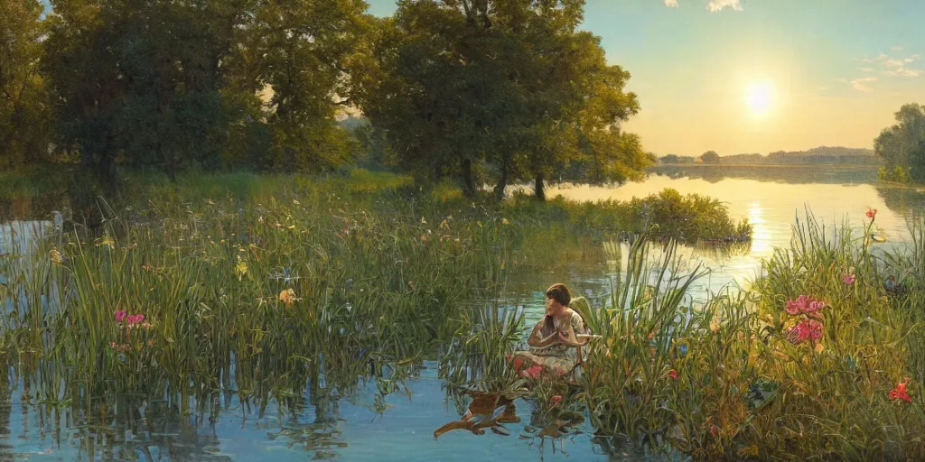 Prompt: a beautiful lake landscape in summer, romantic ambiente, reed on riverbank, no mountains, clear sky, sunshine, colorful, by Mohrbacher and Moebius and Alphonse Mucha and Roger Deakins, cinematic lighting, masterpiece, highly detailed, 8k resolution, trending on art station