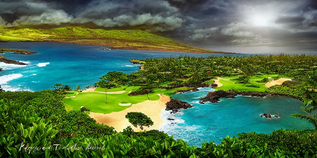 Prompt: Kapalua maui Hawaii, hyperrealistic, realistic, photorealistic, dynamic lighting, highly detailed, cinematic landscape, studio landscape, studio lighting