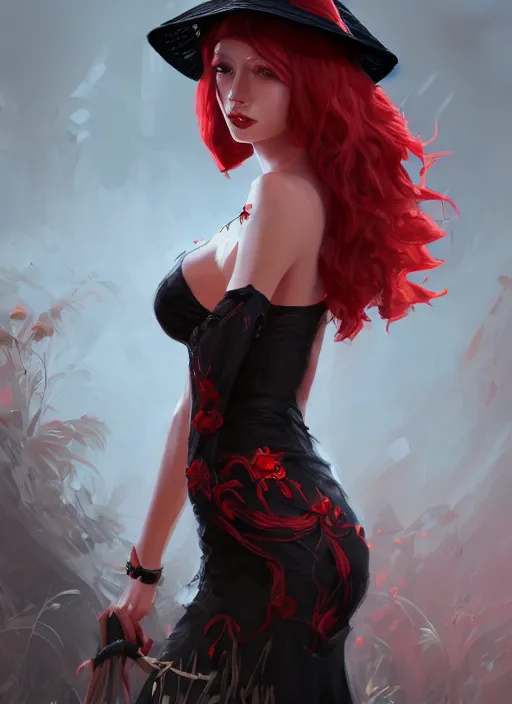 Image similar to a highly detailed illustration of tall beautiful red haired lady wearing black spaghetti strap noir style dress and sun hat, elegant stroking face pose, intricate, elegant, highly detailed, centered, digital painting, artstation, concept art, smooth, sharp focus, league of legends concept art, wlop.