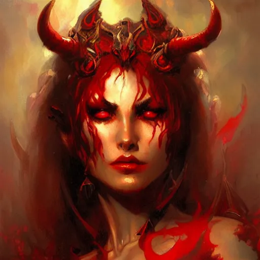 Prompt: attractive demon queen with red eyes painting by gaston bussiere, craig mullins, luis rollo, portrait, digital painting, highly detailed, artstation, sharp focus, illustration, concept art