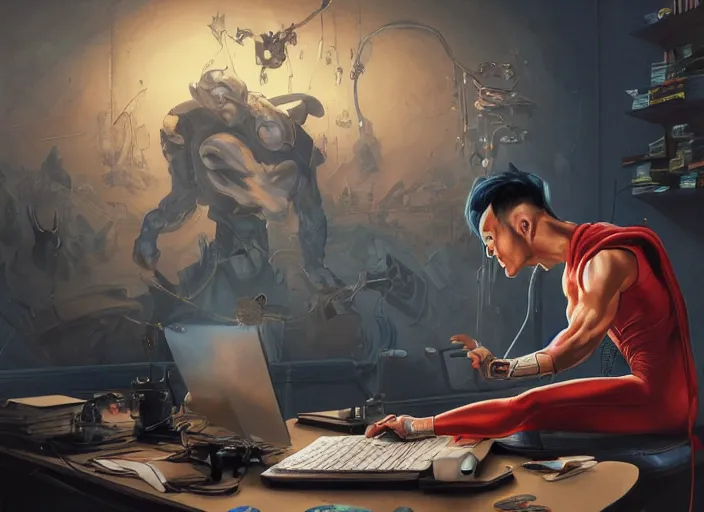 Image similar to an insanely detailed painting of an asian man wearing a homemade superhero costume, sitting at a desk, staring seriously at the computer and typing, in the style of peter mohrbacher, james jean, artgerm, dramatic lighting and composition, surreal background, octane render, pixar, trending on artstation, concept art, comic book, view from behind, 8 k