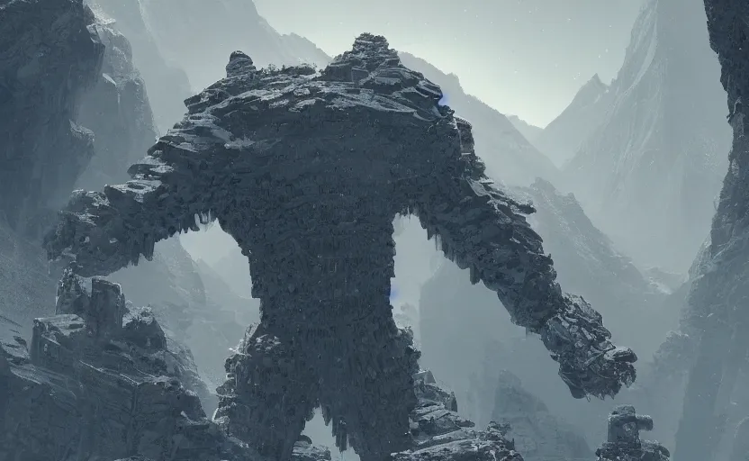 Image similar to a colossus made from transparent crystals, high in the mountains, greg rutkowski, 8 k, shallow depth of field, intricate detail, concept art,