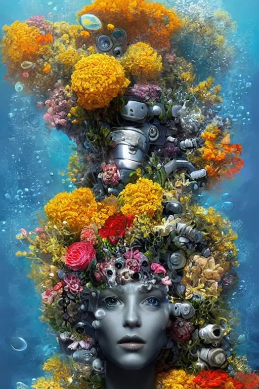 Image similar to an underwater close up of a robot made of flowers, a character portrait by vladimir tretchikoff, cgsociety, digital art, made of flowers, digital painting