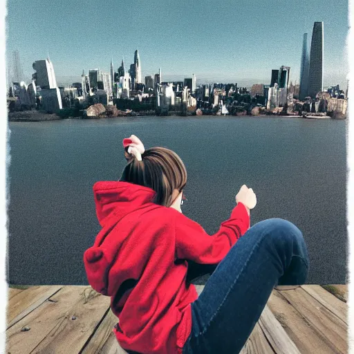 Image similar to A girl in a hoodie and jeans sits on a roof with their legs dangling off the edge looking at the cityscape