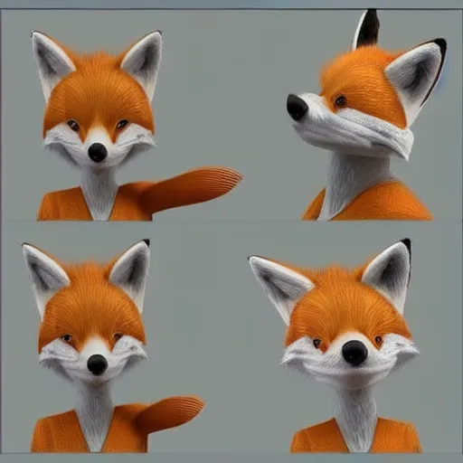 Prompt: a humanoid fox with a face inspired by mr. bean