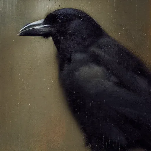 Prompt: portrait of a crow in rain, by jeremy mann.