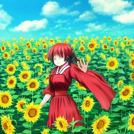 Prompt: Yuuka Kazami from Touhou standing in a field of sunflowers on a beautiful sunny day, sunny, drawn, clear skies