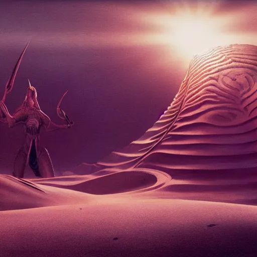 Prompt: Dune movie scene, symmetric lights, sharp focus, illustration, realistic, intricate, detailed, cinematic, artstation, cinematic, award winning, original modern artwork, by Salvador Dali , rgb ethereal lighting,8k