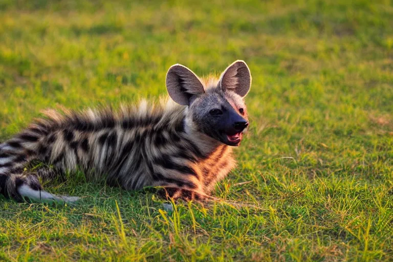 Prompt: striped hyena laying in between the grass in savannah lit by the sunset, zoomed out, view from drone