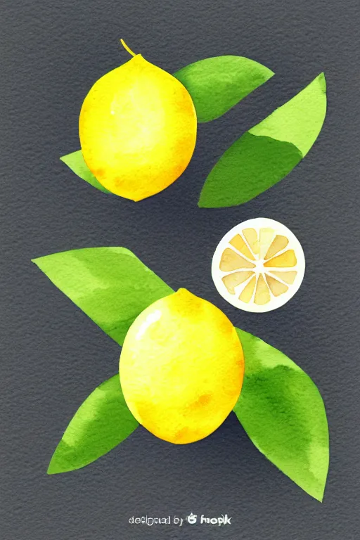 Image similar to minimalist watercolor art of a yellow lemon with green leaves, illustration, vector art