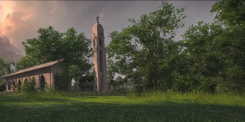 Image similar to abandoned green smooth concrete islamic church, surrounded by lush green forest and red ponds of water, stunning volumetric lighting, sundown, stunning skies, trending on Artstation, 8k, photorealistic, hyper detailed, unreal engine 5, IMAX quality, cinematic, epic lighting, cryengine, octane render, gloomy, foggy, dark