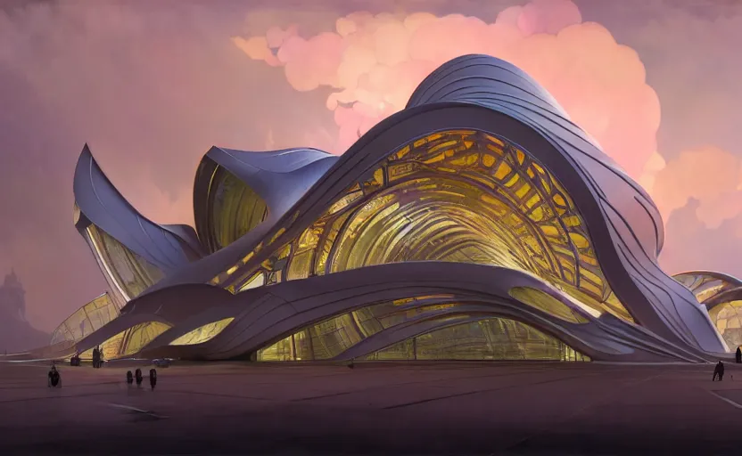 Prompt: exterior shot of utopian architecture building with cinematic lighting by zaha hadid and renzo piano, darek zabrocki and greg ruthkowski, alphonse mucha, simon stalenhag, cinematic, stars, beautiful, holy place, paradise, scifi, futurism, atmospheric, sunset, concept art, artstation, trending on artstation