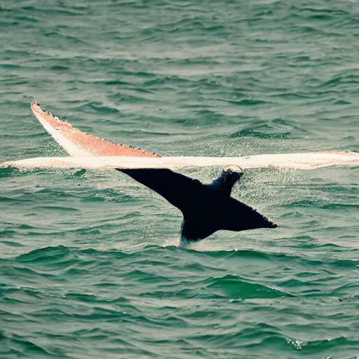 Image similar to quetzal bird flying above a whale swiming in the ocean