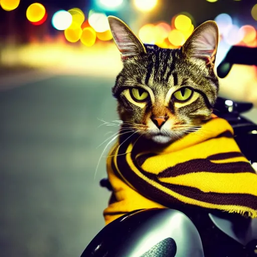 Image similar to a photo of a tabby cat riding a motorcycle, wearing a red helmet and a yellow scarf at night, 4k , highly detailed, award winning photo