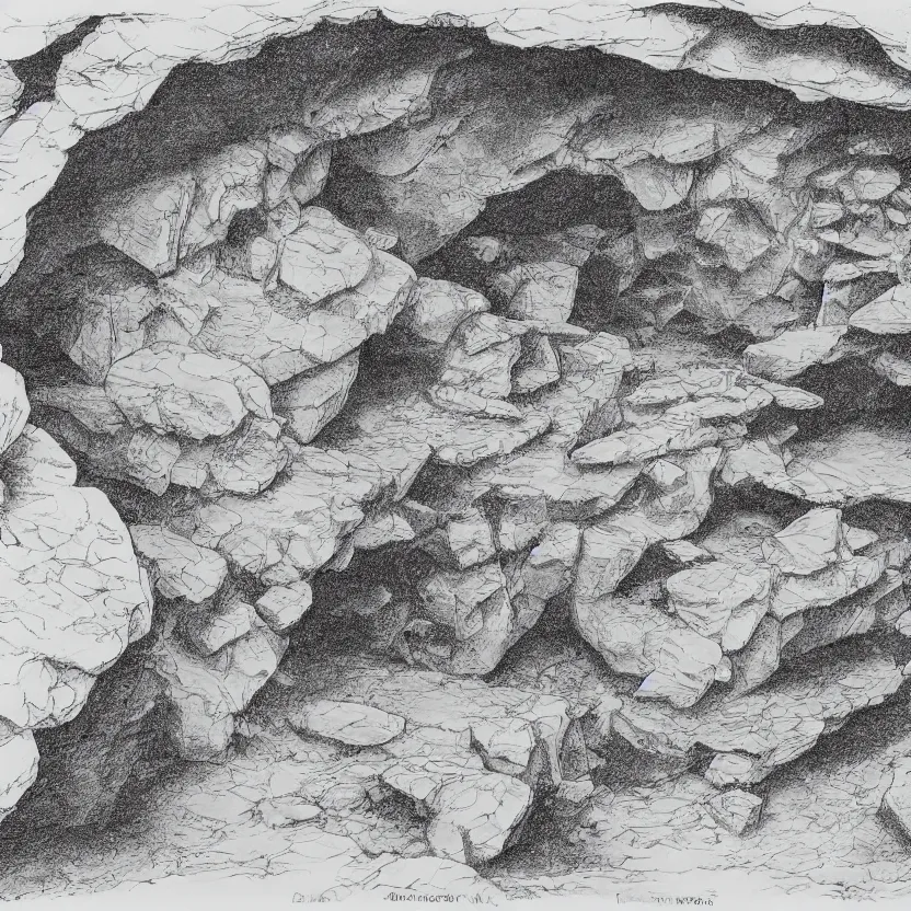 Image similar to isometric view of the outside of a cave, lineart