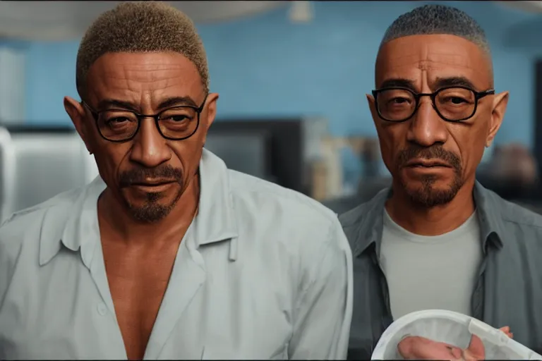 Prompt: shirtless giancarlo esposito from breaking bad offering fried chicken. ultra-detailed, 8k, octane render