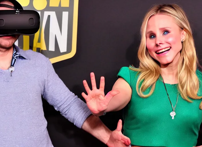 Image similar to first person vr video, photograph of my hand touching kristen bell's fat chubby belly, her belly is fat and round, 8 k, sharp, detailed