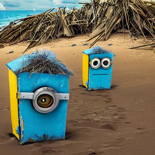 Image similar to minions trash hut on the beach, 4k, abstract surrealism masterpiece