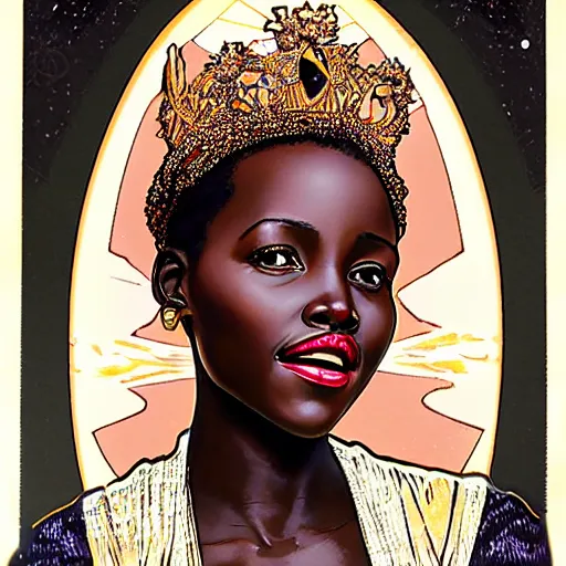 Image similar to lupita nyong'o portrait by louis - theophile hingre and alphonse mucha, realistic, sharp focus, zodiac signs, tarot cards, planets, ethereal, art nouveau, magic, moon, sun, crown, dreamy, royal, jewellery