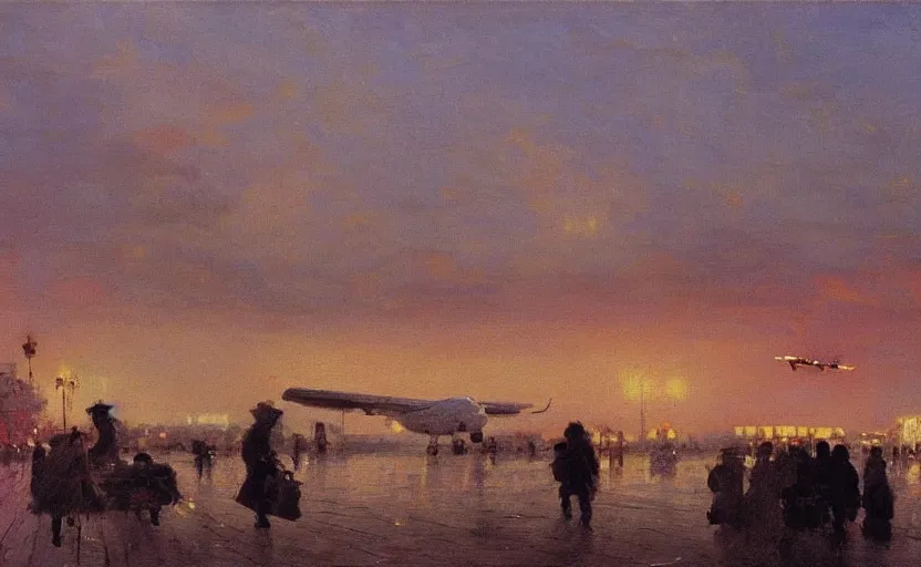 Image similar to high quality high detail painting by ilya repin, dawn, plane landing in the airport, hd