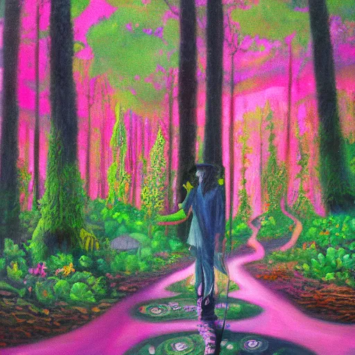 Image similar to a pink mage walking through a lush psychedelic forest, oil painting, by martin wiegand