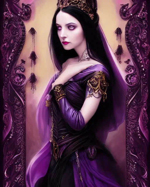 Prompt: a beautiful image of a young woman, Liliana vess the last hope, long flowing black hair, ornate headdress, Victorian purple and black costume, young female face, cinematic top lighting, insanely detailed and intricate, face by wlop, Charlie Bowater, golden ratio, symmetric, elegant, ornate, luxury, elite, matte painting, cinematic, trending on artstation, deviantart and cgsociety, 8k, high resolution