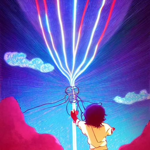 Prompt: a dream machine connected to a boy with a helmet and electric cable with colorfull rays of light illuminate the environment by vanessa morales, studio ghibli,