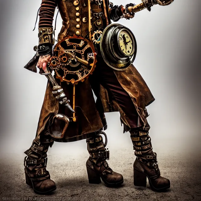 Prompt: full length photo of a steampunk warrior, 8 k, hdr, smooth, sharp focus, high resolution, award - winning photo