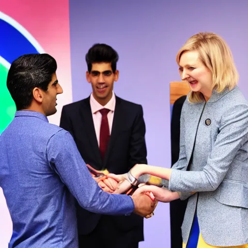 Prompt: rishi sunak and liz truss playing rock paper scissors ,