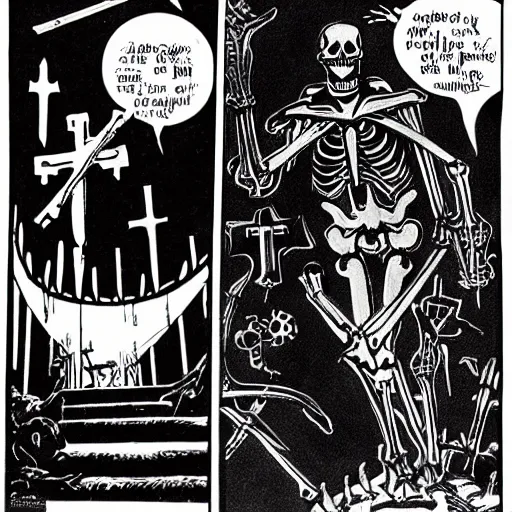 Image similar to Two evil skeleton, staggering back at the sight of a neon crucifix. The skeletons are on both sides of the cross. Dark Fantasy, Film Noir, Black and White. High Contrast, Mike Mignola, D&D, OSR