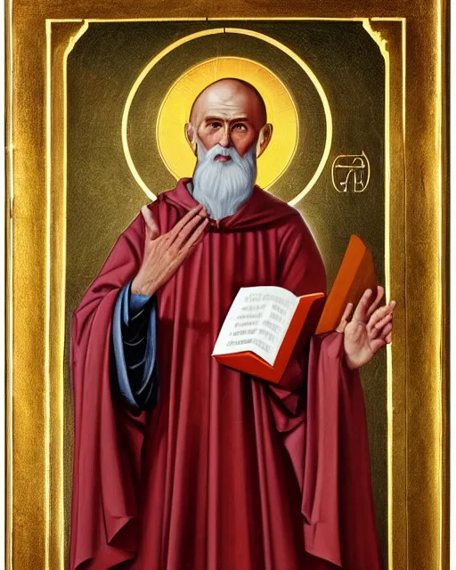 Prompt: portrait of full - length icon of saint nicholas by jaroslav cermak, showing him with a halo, dressed in clerical garb, and holding a book of the scriptures in his left hand while making the hand gesture for the sign of the cross with his right, by peter andrew jones, hd, hyper detailed, 4 k