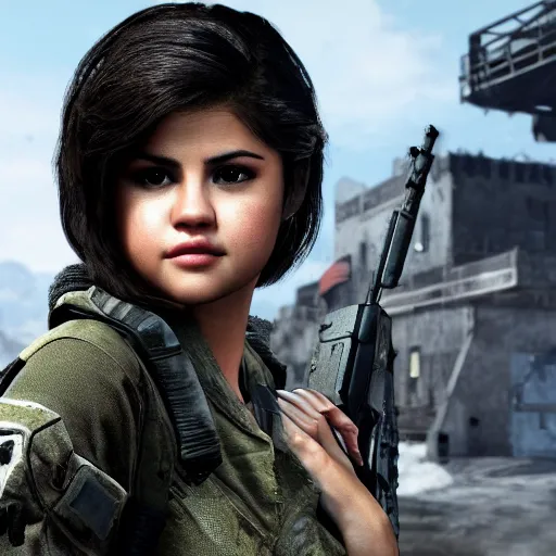 Image similar to Selena Gomez in Call of Duty, 4k