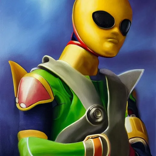 Prompt: a realistic painting by Raffaello Sanzi depicting the Kamen Rider Kabuto with the head of the cyborg Teletubbies in the Renaissance,smooth,Sharp focus, trending on Artstation.