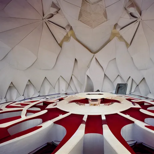 Image similar to interior of a futuristic lotus temple space station with gold, red and white marble panels, by buckminster fuller and syd mead, intricate contemporary architecture, photo journalism, photography, cinematic, national geographic photoshoot