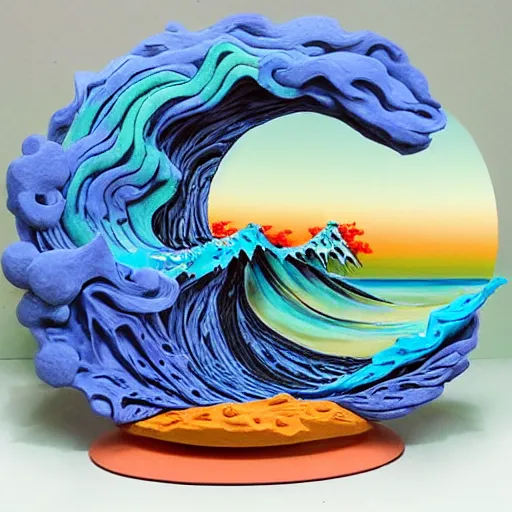 Image similar to claymation, 3 d clay sculpture, made of clay, ocean waves sculpture, colorful, inspired by hokusai, detailed