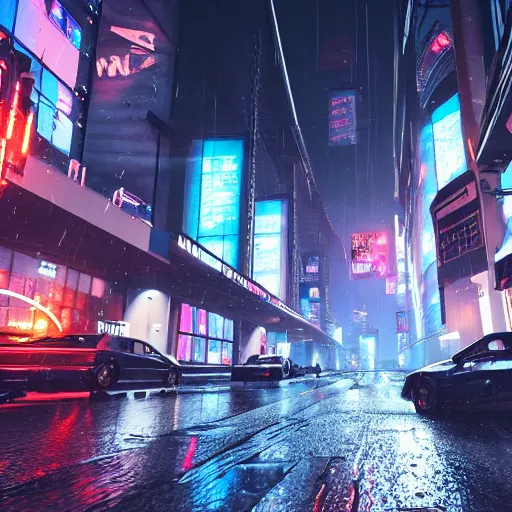 Prompt: cyberpunk street with flying cars, night, rain, rain puddles, realistic, high details, 4k