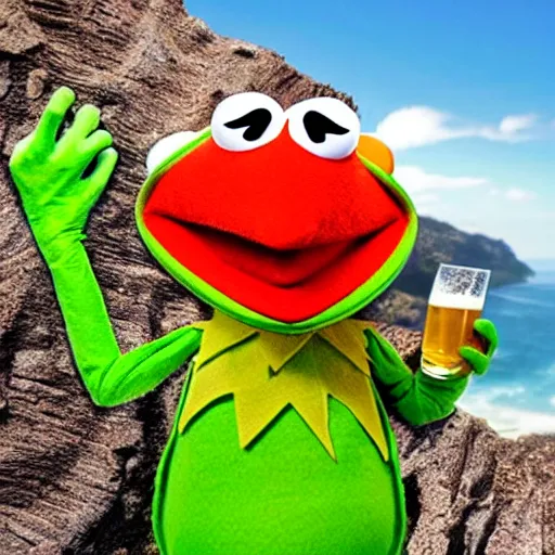 Image similar to kermit the frog drinking a beer on the edge of a cliff