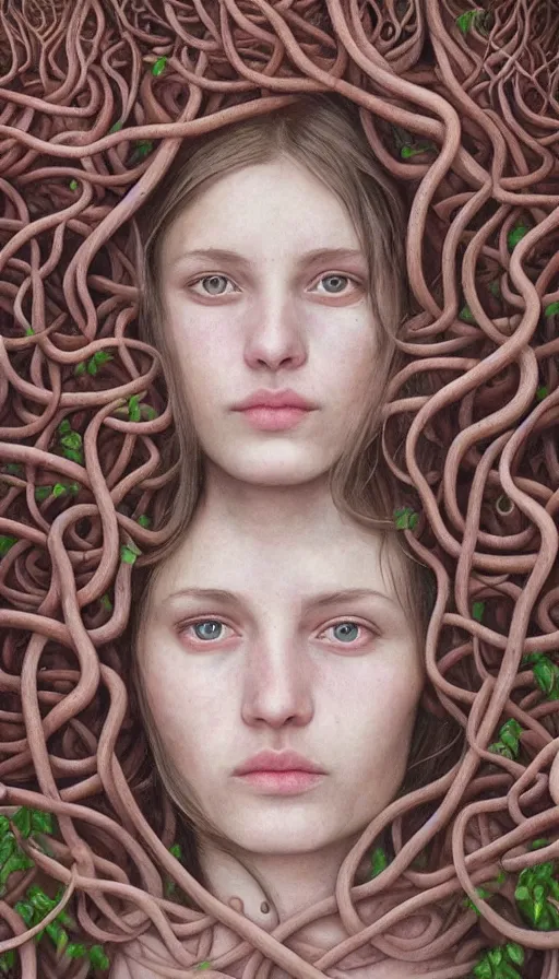 Prompt: very detailed portrait of a 2 0 years old girl surrounded by tentacles, the youg woman visage is blooming from fractal and vines, by alyssa monks