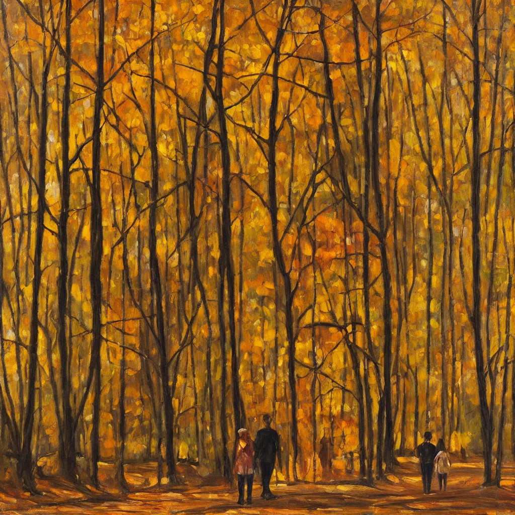 Prompt: modern american realist oil painting of couple walking together in the late afternoon golden hour light in the dense forest of gatineau park in october