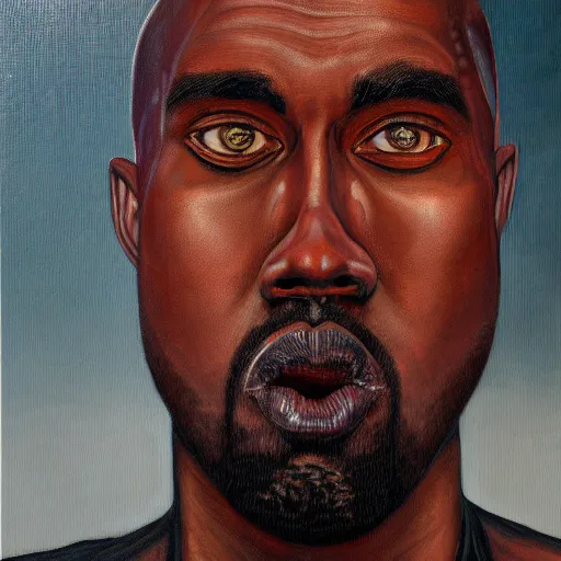 Image similar to a realistic oil painting of a cybernetic kanye west cyborg, surrealism portrait, close up