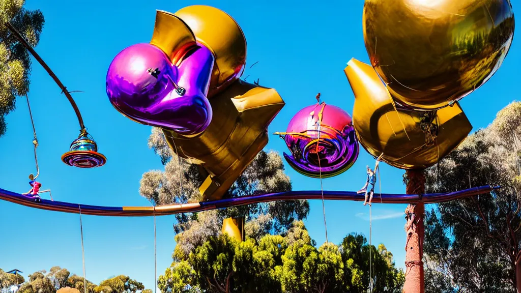 Image similar to large colorful futuristic space age metallic steampunk balloons with pipework and electrical wiring around the outside, and people on rope swings underneath, flying high over the beautiful river torrens and elder park in adelaide in south australia city landscape, professional photography, 8 0 mm telephoto lens, realistic, detailed, photorealistic, photojournalism