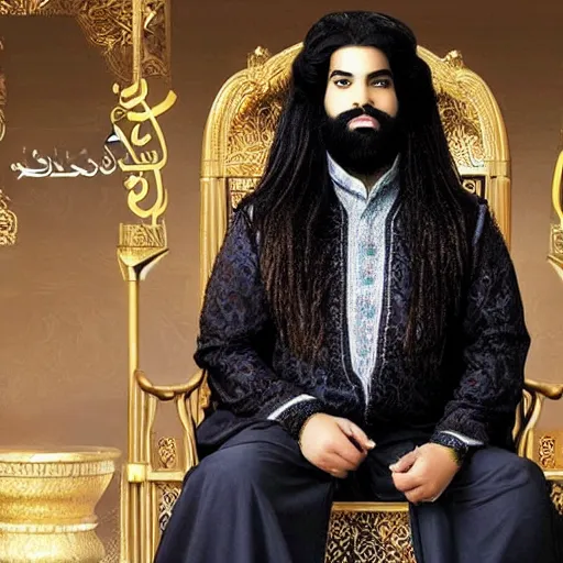 Prompt: prince with a thick beard and long hair, Arabic