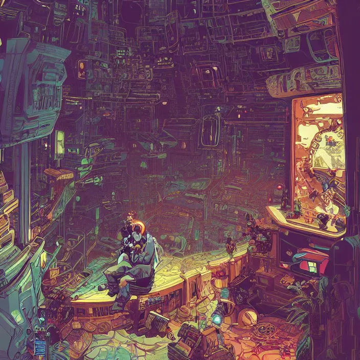 Image similar to Stunningly intricate illustration of a cyberpunk explorer playing video games in his treehouse, highly detailed, midnight, by Victo Ngai and James Gilleard , Moebius, Laurie Greasley