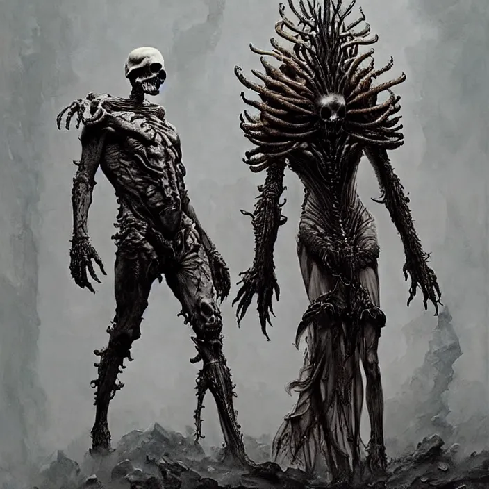 Image similar to still frame from Prometheus by Jakub Rozalski, intricate ornate Ossiarch Bonereaper by Wayne Barlowe by peter Mohrbacher by Giger, dressed by Alexander McQueen and by Neri Oxman, metal couture hate couture editorial