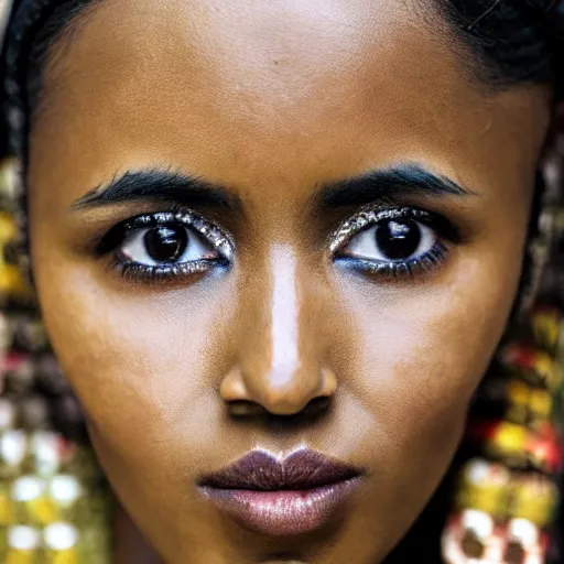 Image similar to somali woman, somali traditional attire, model, simple backdrop, portrait, beautiful, intricate, sharp focus on eyes, detailed face