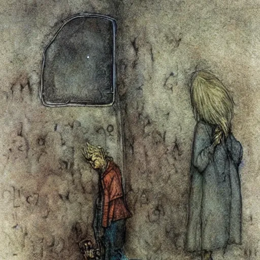 Prompt: dilapidated man begging with ragged mutt on streetcorner. illustration by Brian Froud and John Bauer