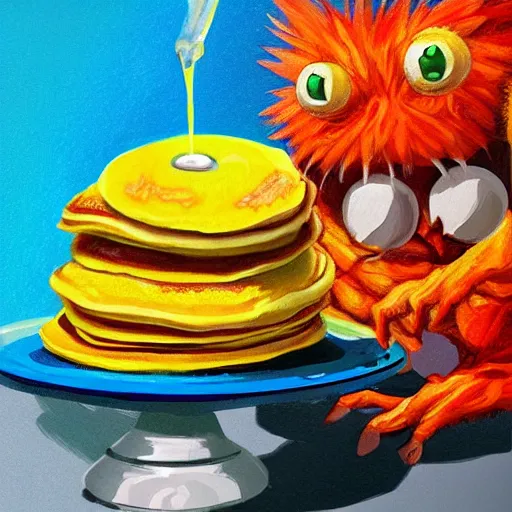 Image similar to a tennis ball monsters eating fluffy pancakes with syrup, colorful, digital art, fantasy, magic, chalk, trending on artstation, ultra detailed, professional illustration by basil gogos