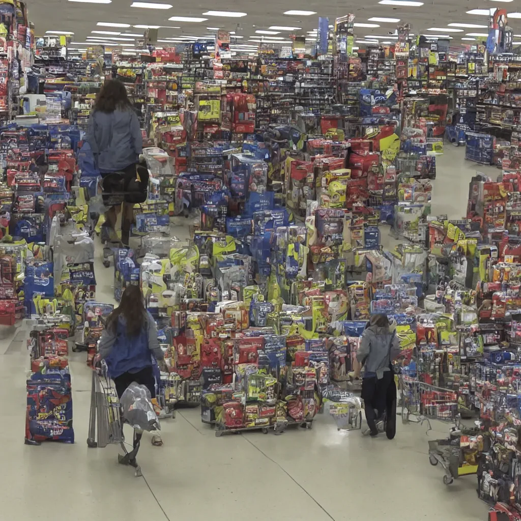 Prompt: security camera footage of the predator shopping at wallmart