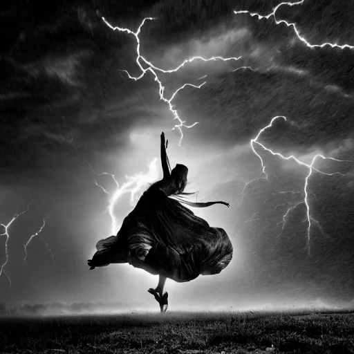 Image similar to wild woman dancing in an epic storm with lightning, fire, creepy shadows, Tim Burton, black and white photograph, 40mm, hyper detailed, 8k, clear,